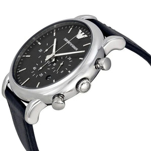 Angled front view of Emporio Armani AR1828 showing polished silver bezel and indices