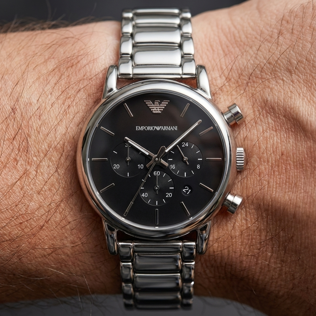 Close up of Armani AR1853 showing black dial sub-dials and rounded link bracelet