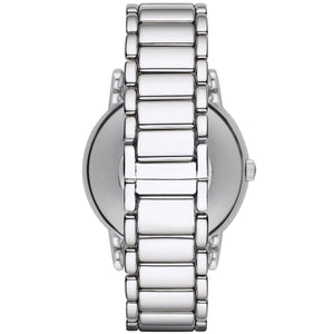 Detailed view of silver stainless steel rounded link bracelet for AR1854 watch