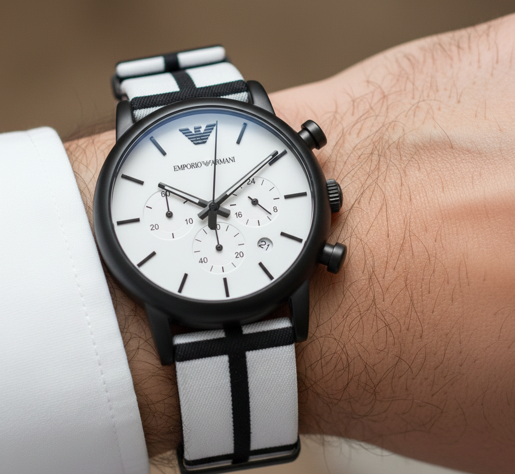 Extreme wrist macro of Armani AR1859 showing woven texture of striped strap