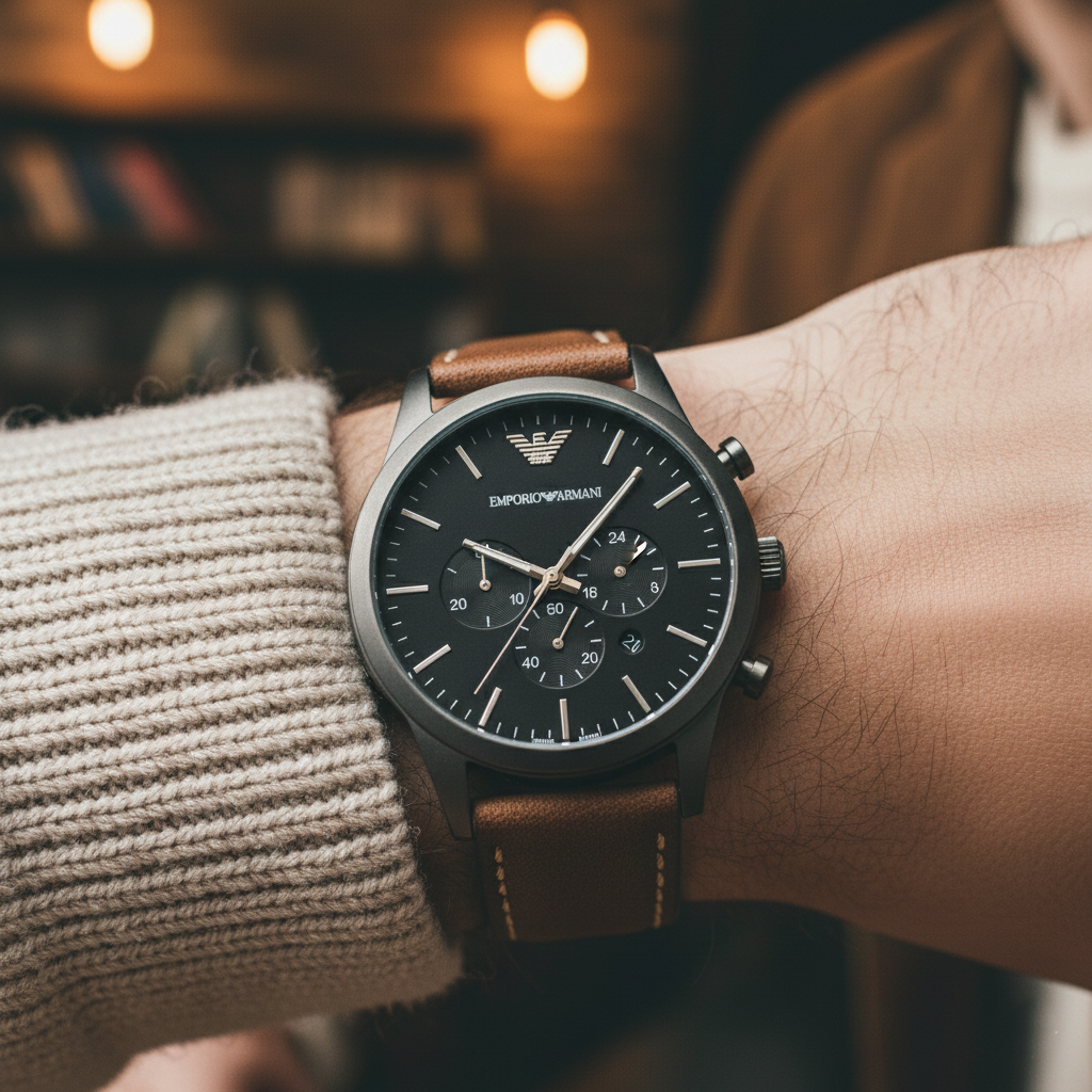 Extreme wrist macro of Armani AR1919 showing matte gunmetal case and brown leather strap