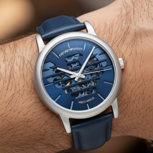 Close up of the AR60030 blue dial showing the eagle logo skeleton cut-out and mechanical gears