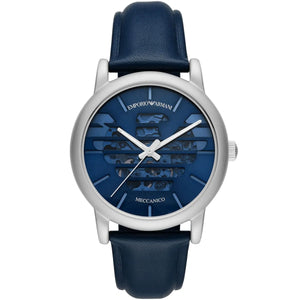 Emporio Armani Luigi AR60030 men's automatic skeleton watch with blue leather strap and silver case
