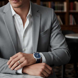 Extreme close-up of the high-quality navy blue genuine leather grain on the Armani AR60030 strap
