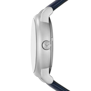 Side view of the polished silver-tone case and crown on the Armani Luigi AR60030