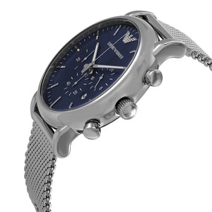 Angled front view of Emporio Armani AR80038 showing silver bezel and crystal reflections