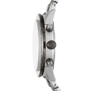 Angled front view of Emporio Armani AR11391 showing the tachymeter bezel with blue text
