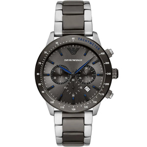 Emporio Armani AR11391 Mario Men's Watch Grey Dial Blue Hands Two-Tone Bracelet