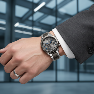 Stylish man wearing Emporio Armani AR11391 with charcoal blazer and silver ring