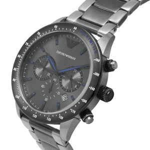 Side view of Emporio Armani AR11391 showing gunmetal pushers and silver crown