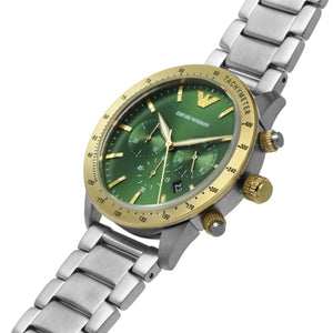 Close-up shot of Emporio Armani AR11454 green dial with gold hands and indices