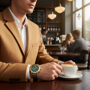 Stylish man wearing Emporio Armani AR11454 green and gold watch with camel coat