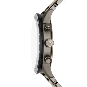 Side view of Emporio Armani AR11471 gunmetal case crown and chronograph pushers