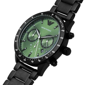 Angled front view of Emporio Armani AR11472 showing black tachymeter bezel and green dial