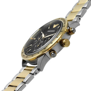 Angled front view of Emporio Armani AR11521 showing gold bezel and crystal reflections