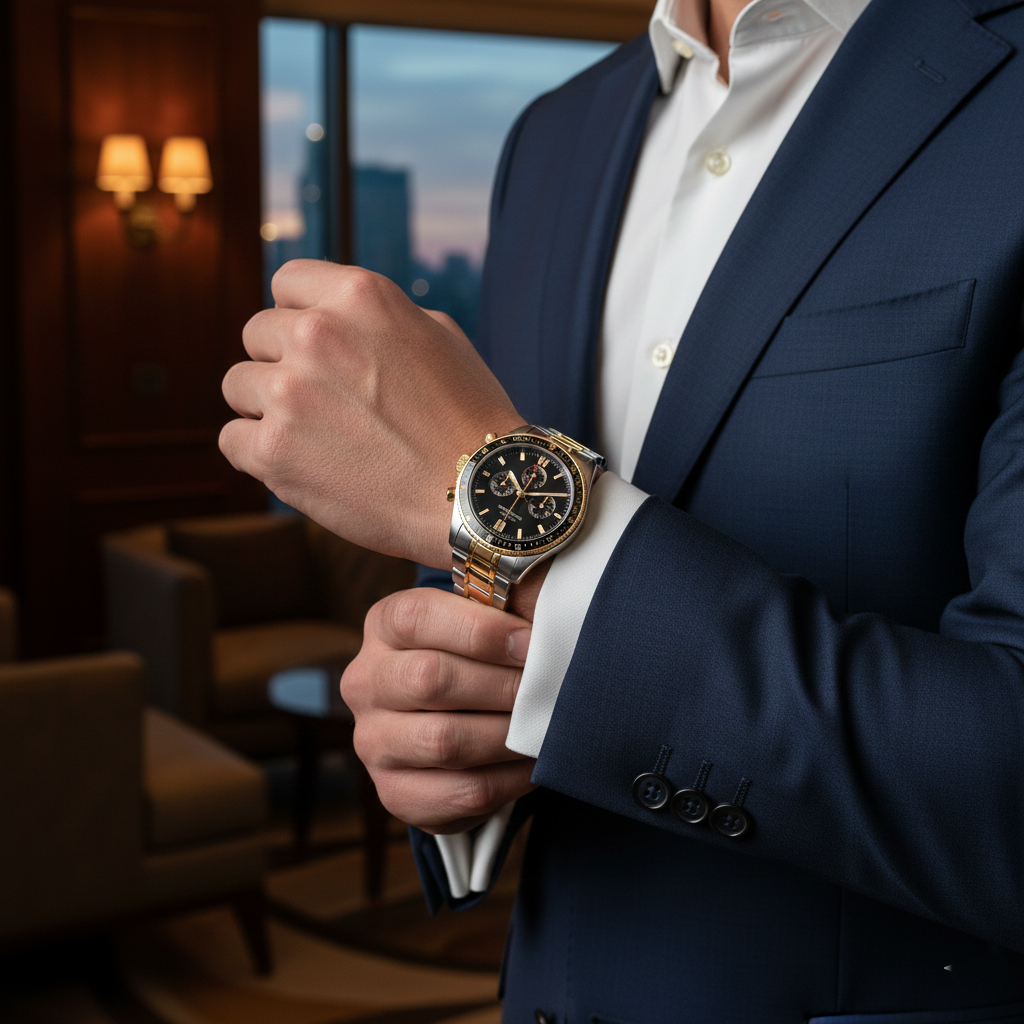 Gentleman wearing Emporio Armani AR11521 two-tone watch with navy blue suit