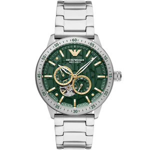 Emporio Armani Mario AR60053 men's automatic skeleton watch with green dial and gold-tone accents