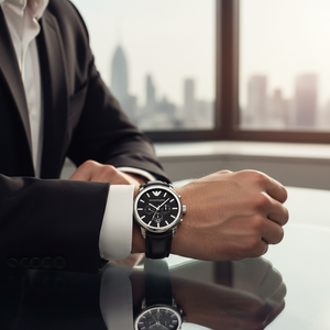 Powerful executive wearing Emporio Armani AR0431 square watch with black suit