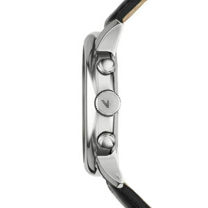 Side view of Emporio Armani AR0431 showing robust silver case and chronograph pushers