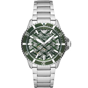 Emporio Armani Meccanico AR60061 automatic men's watch with green skeleton wave dial and silver bracelet