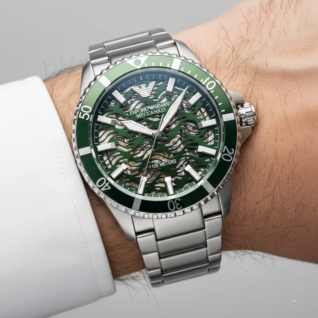 Close up of the Armani AR60061 green skeleton dial showing the mechanical movement through wave patterns