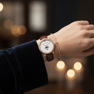 Elegant woman wearing Emporio Armani AR11568 moonphase watch for an evening out