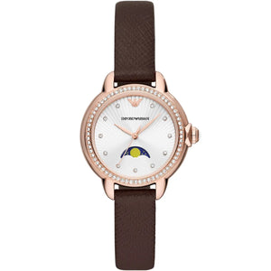 Emporio Armani Mia AR11568 women's watch rose gold moonphase with crystal bezel and brown leather