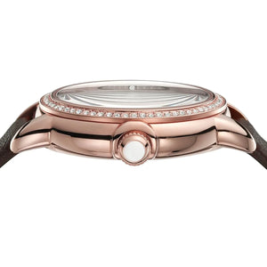 Side view of Emporio Armani AR11568 rose gold case showing the crystal bezel depth