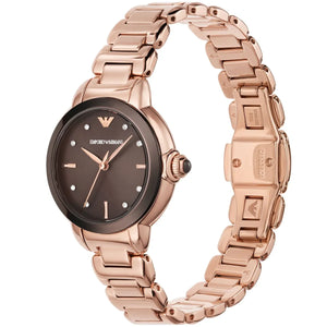 Angled front view of Emporio Armani AR11570 showing rose gold bezel and brown dial