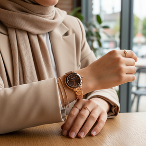 Elegant woman wearing Emporio Armani AR11570 rose gold watch with evening dress