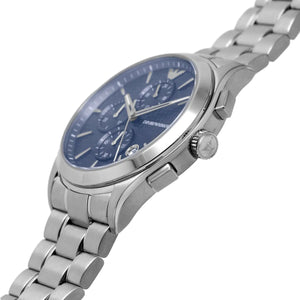 Angled front view of Emporio Armani AR11528 showing silver bezel and dial depth