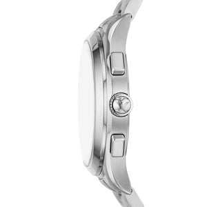 Side view of Emporio Armani AR11528 showing polished silver case and chronograph pushers