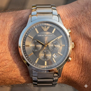 Close up of Armani AR11047 showing grey sunray dial with gold hands and indices