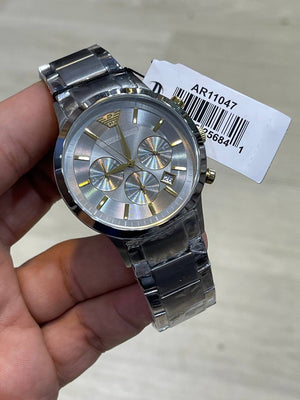 Emporio Armani Renato AR11047 on wrist showing grey dial and gold highlights