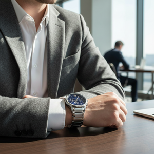 Sharp businessman wearing Emporio Armani AR11164 blue dial watch with grey suit