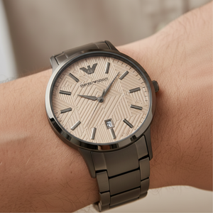 Close up of Armani AR11183 showing intricate geometric linear pattern on beige dial