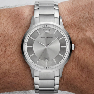 Close up of Armani AR11189 showing sunray center and vinyl texture outer ring on silver dial