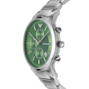 Angled front view of Emporio Armani AR11507 showing silver bezel and green reflections