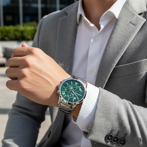 Modern man wearing Emporio Armani AR11507 green dial watch with grey blazer