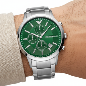 Extreme wrist macro of Armani AR11507 showing green sunray dial and textured sub-dials
