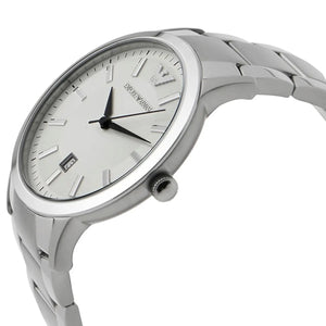 Side view of Emporio Armani AR2431 polished silver case and crown showing slim profile