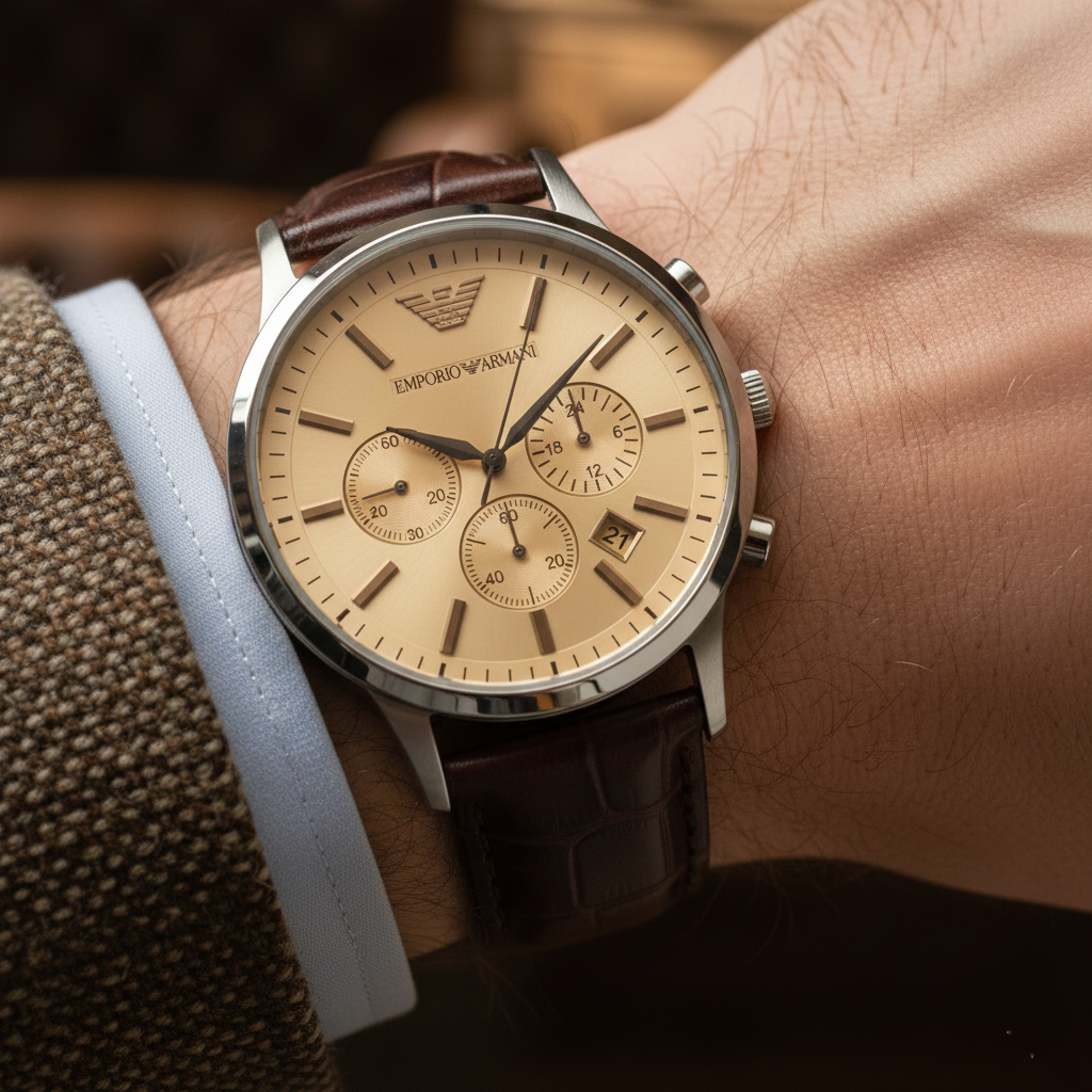 Extreme wrist macro of Armani AR2433 showing crocodile embossed leather and cream dial