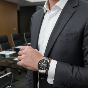 Corporate executive wearing Emporio Armani AR2460 large silver watch with black suit
