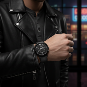 Stylish man wearing Emporio Armani AR2461 all-black watch with leather jacket