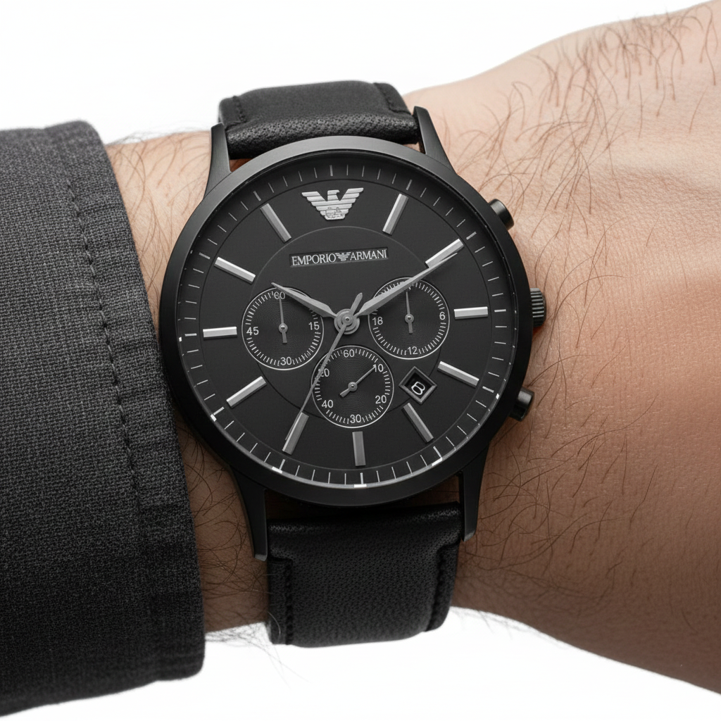 Extreme wrist macro of Armani AR2461 showing matte black case and dial details