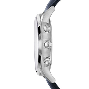 Side view of Emporio Armani AR2473 polished silver case crown and chronograph pushers