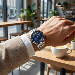 Stylish man wearing Emporio Armani AR2477 blue dial watch with beige blazer