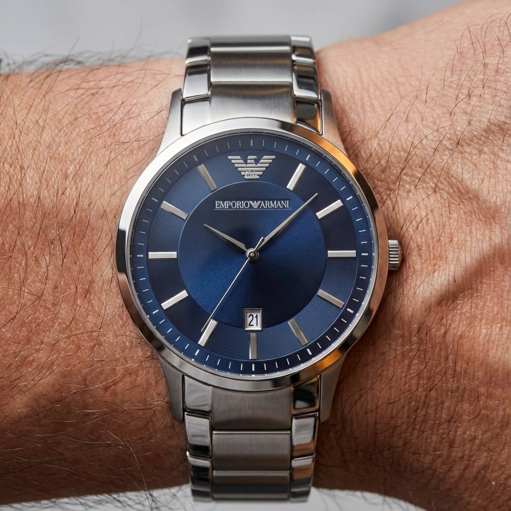 Close up of Armani AR2477 showing the contrast between inner and outer blue dial zones