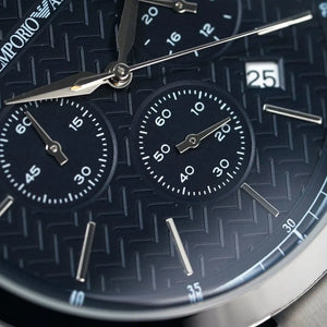 Close-up shot of Emporio Armani AR2486 blue dial showing chevron texture
