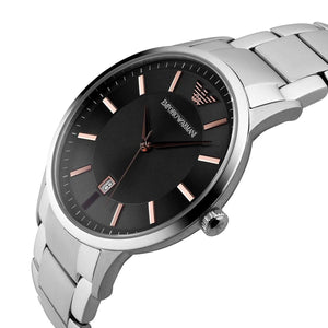 Close-up shot of Emporio Armani AR2514 showing rose gold hands on grey background